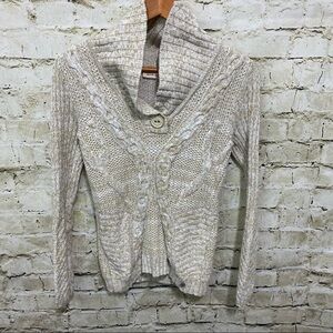 DKNY Jeans Tan White Shawl Neck V Neck Sweater
